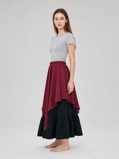 Burgundy and Black Tiered Skirt with an Asymmetrical Hem