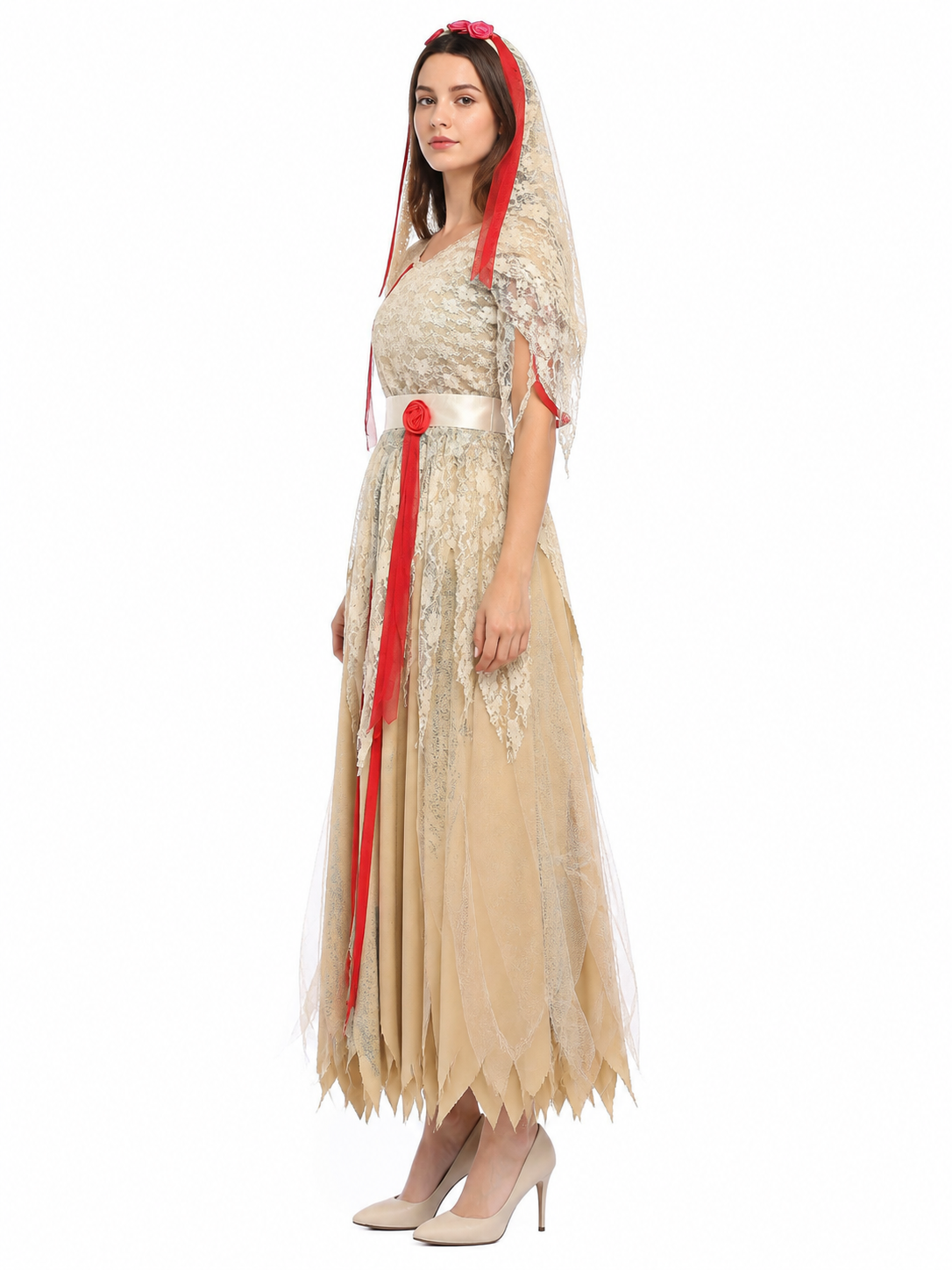 Carnival Costume Dress with Veil and Roses side view