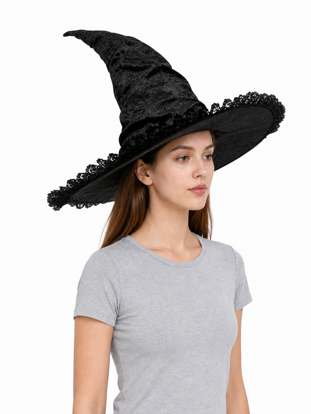 Black Halloween Witch Hat with Tall Crooked Pointed Crown, Wide Brim, Ruched Textured Velvet-Like Fabric and Lace Trim Gothic Costume Accessory for Cosplay Party Photo Shoot