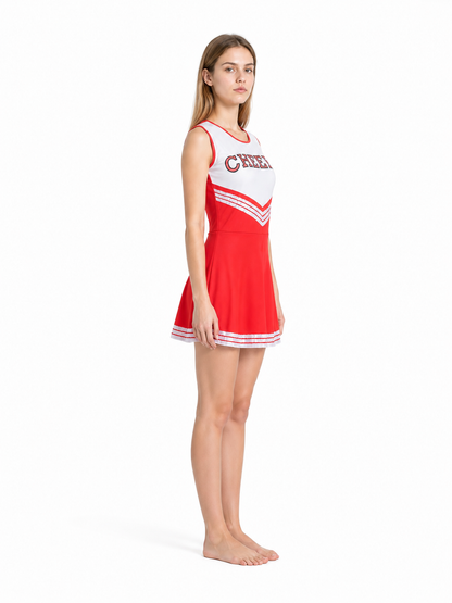 Red and White CHEERS Performance Dress side view
