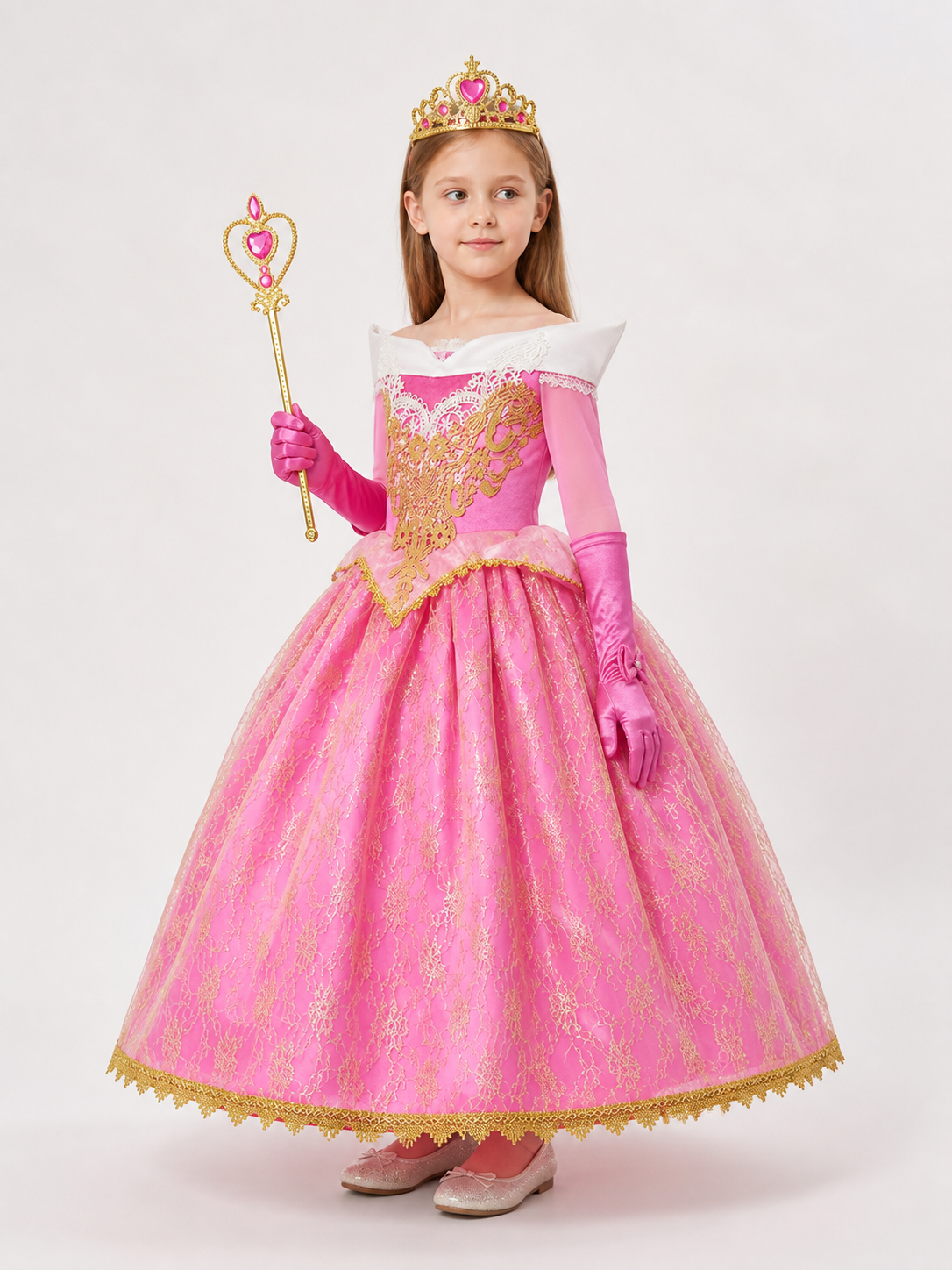 Pink Princess Costume with Crown and Scepter side view