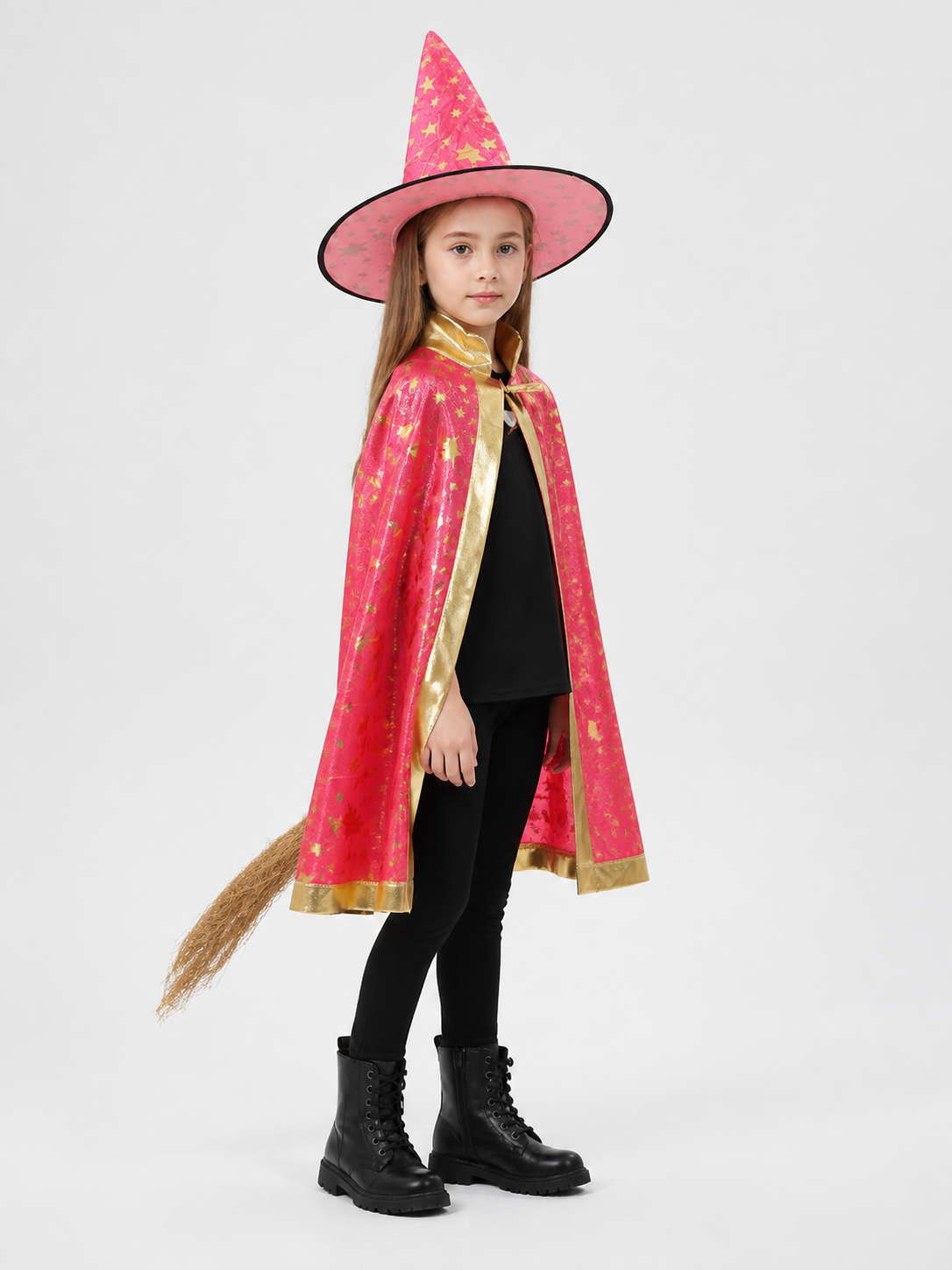 Costume Cloak with Pointed Hat, Raspberry, with Stars side view