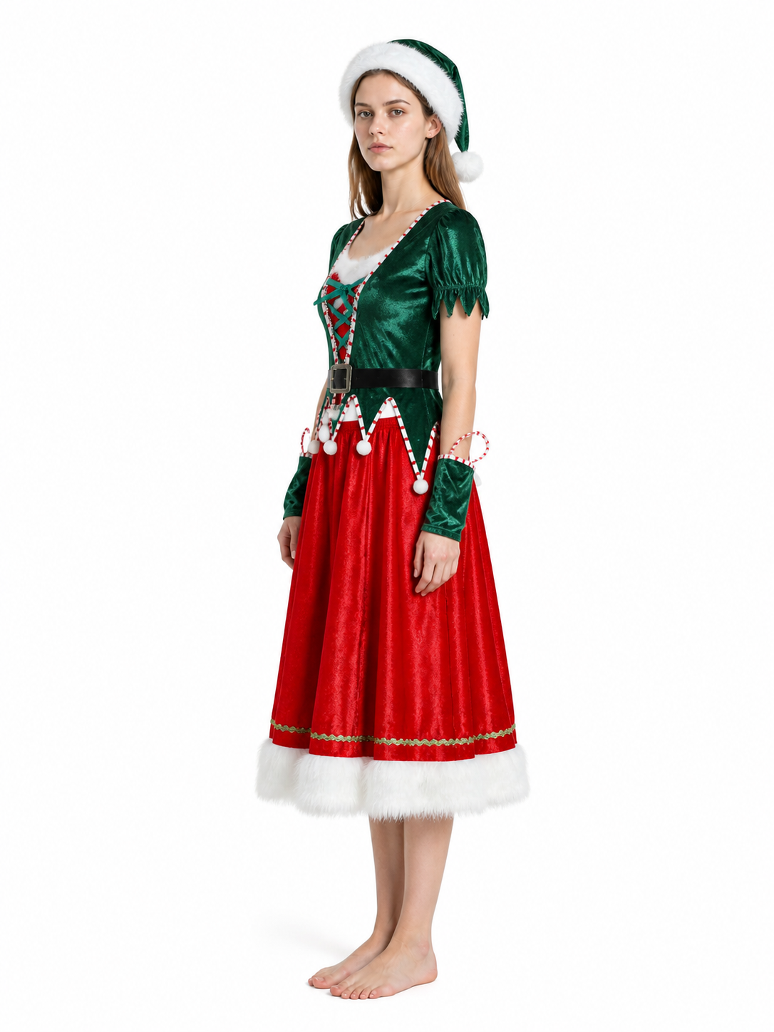 Red and Green Christmas Costume with Dress and Hat side view