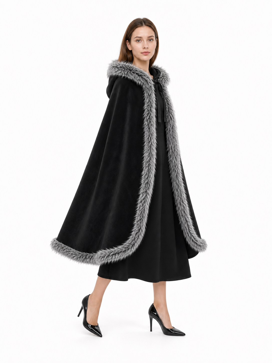 Black carnival cape with hood and shaggy trim