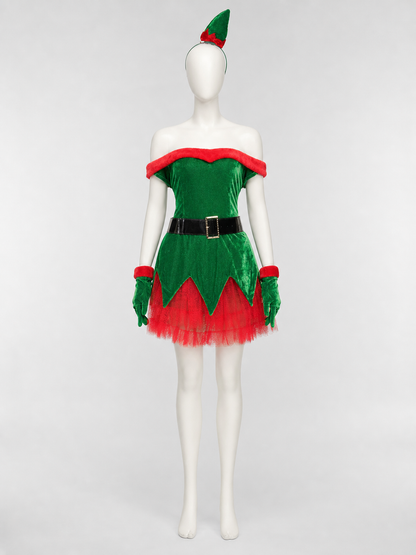 Christmas Elf Costume with Green Skirt and Red Trim