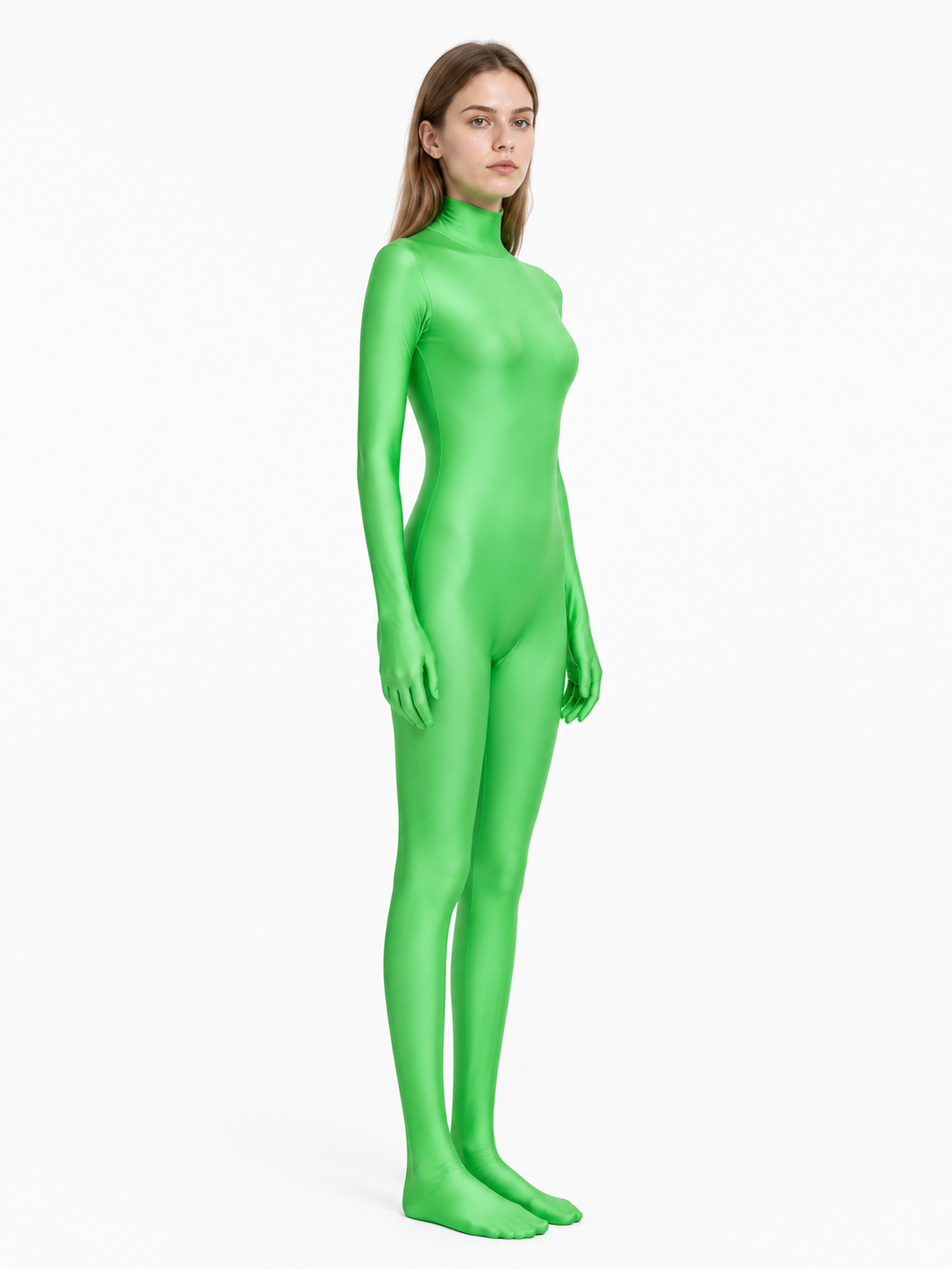 Green hooded zentai bodysuit with covered hands side view