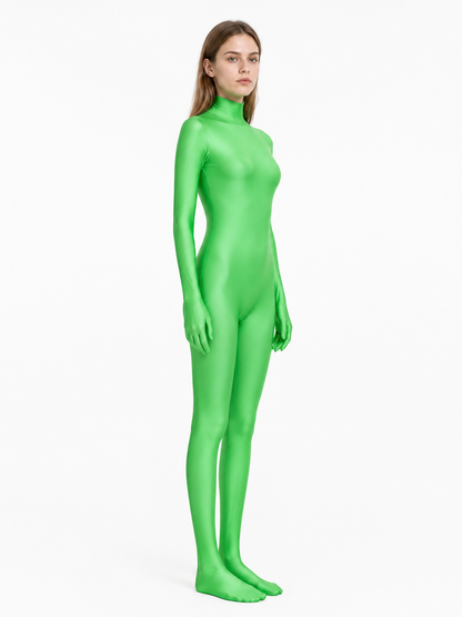 Green hooded zentai bodysuit with covered hands side view