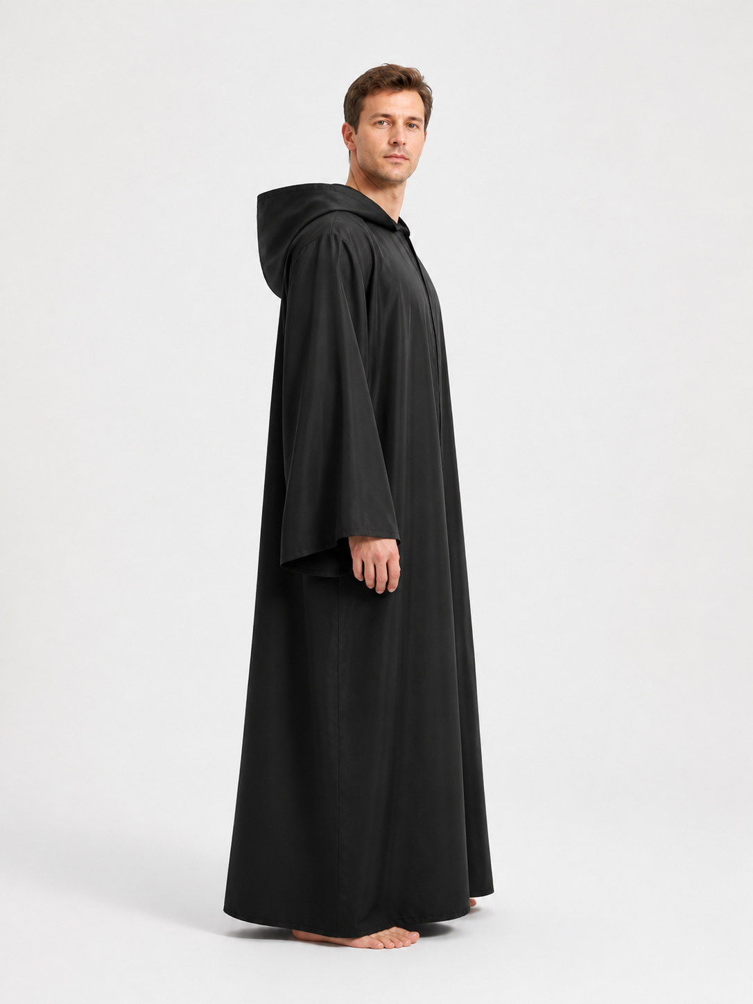 Black Hooded Cloak, Priest Robe, for Halloween side view