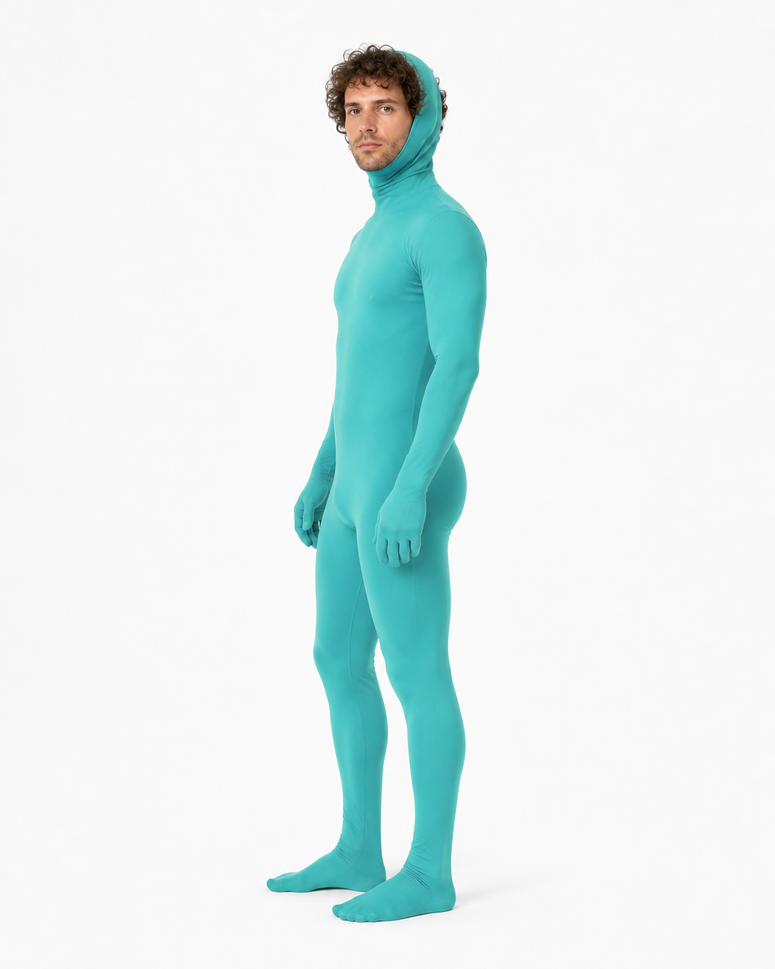 Turquoise Zentai Costume with Hood and Open Face side view