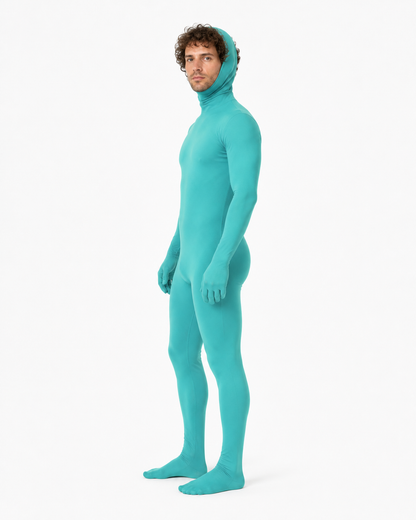 Turquoise Zentai Costume with Hood and Open Face side view