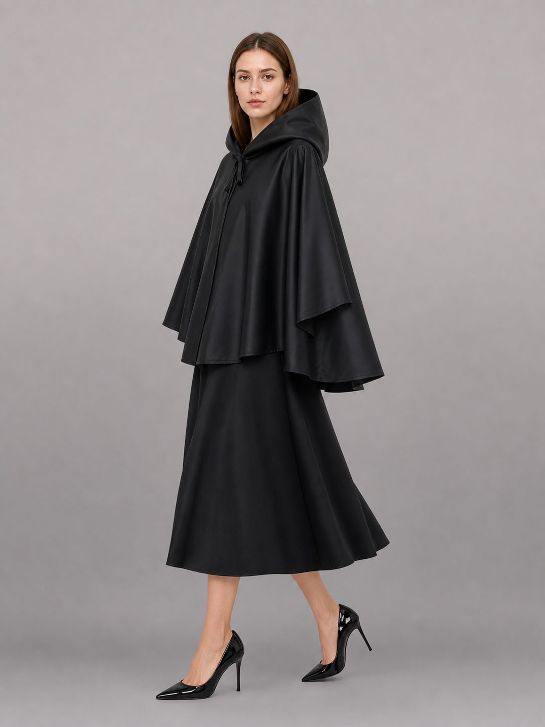 Black Carnival Cloak with Hood and Zipper