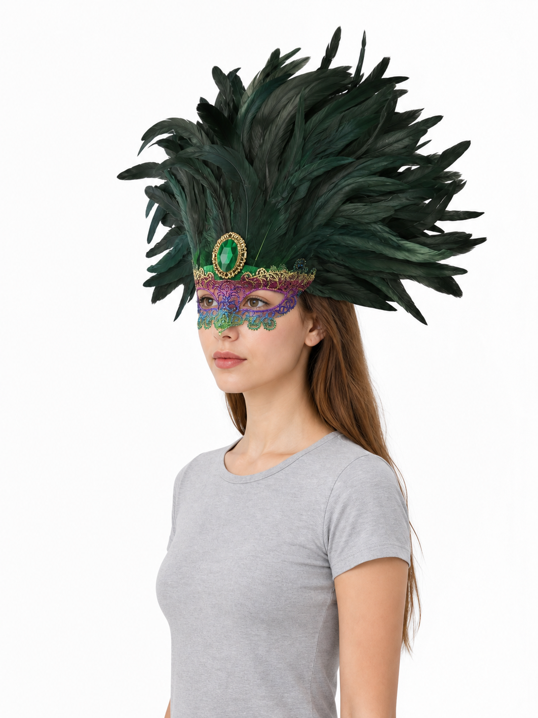 Masquerade headdress with green feathers