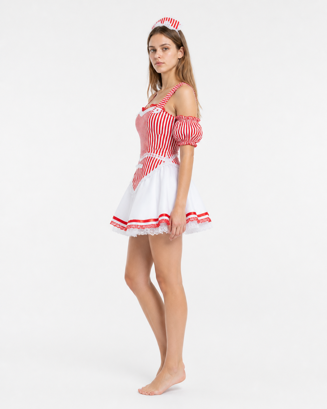 Red and White Striped Dress with a Full Skirt side view
