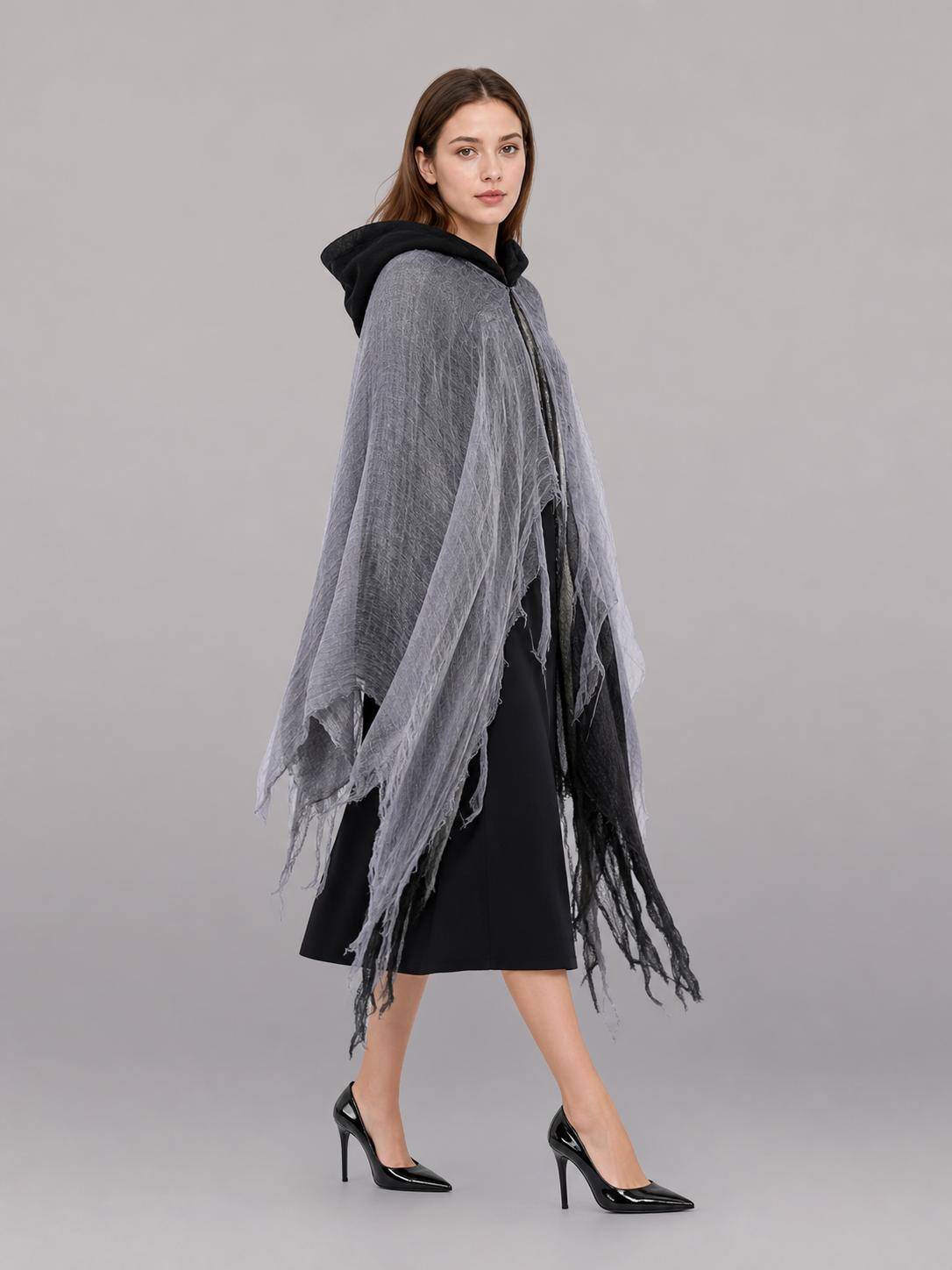 Gray-Black Carnival Cloak with Hood