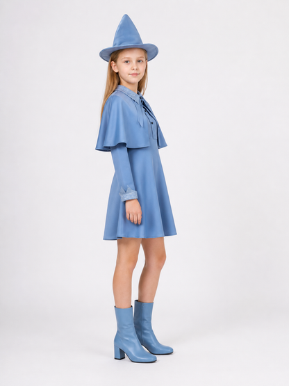 Blue witch costume side view showing short cape and flared skirt