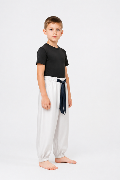 Cosplay Costume with a Black T-Shirt and White Pants side view