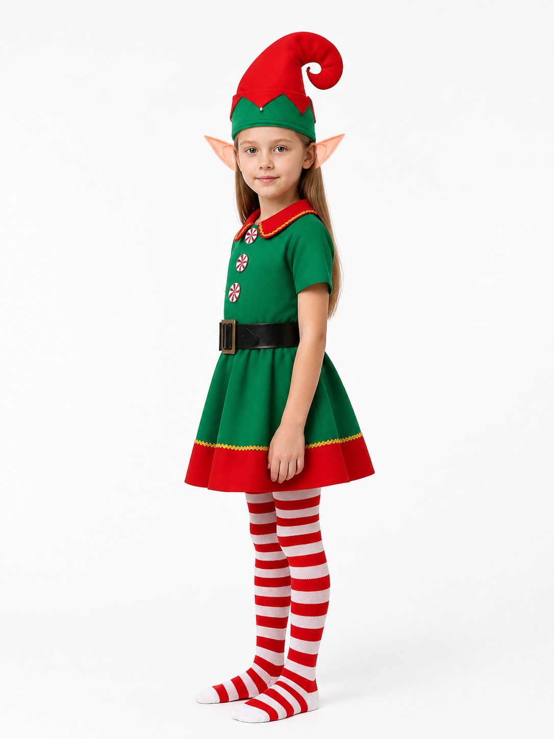 Christmas Elf Costume with Hat and Striped Knee-High Socks side view