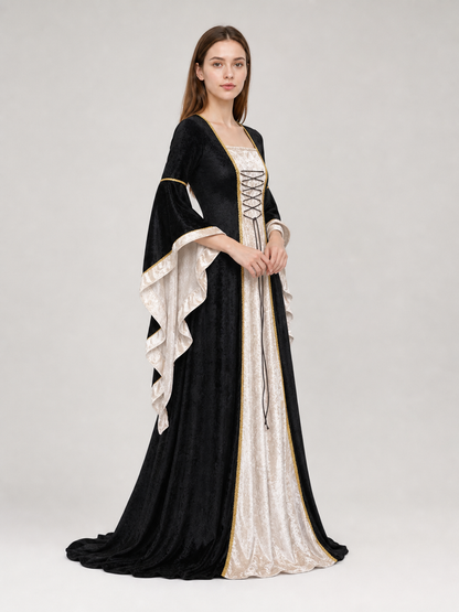 Floor-Length Dress with Corset Lacing and Ruffles