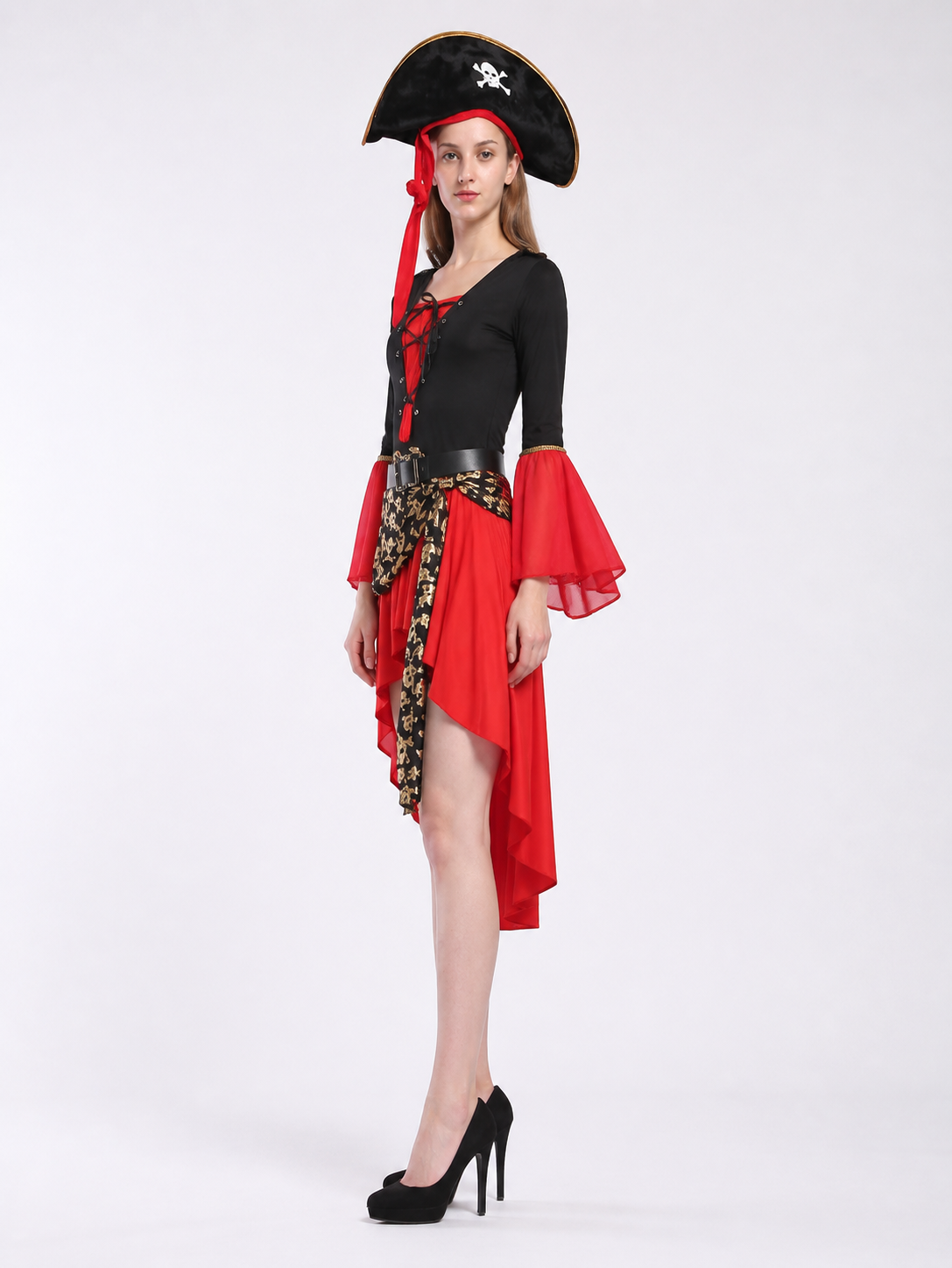 Pirate Costume with Dress, Hat, and Belt, Black and Red side view