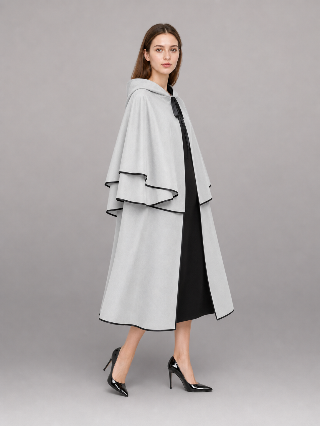 White Carnival Cloak with Hood and Black Trim