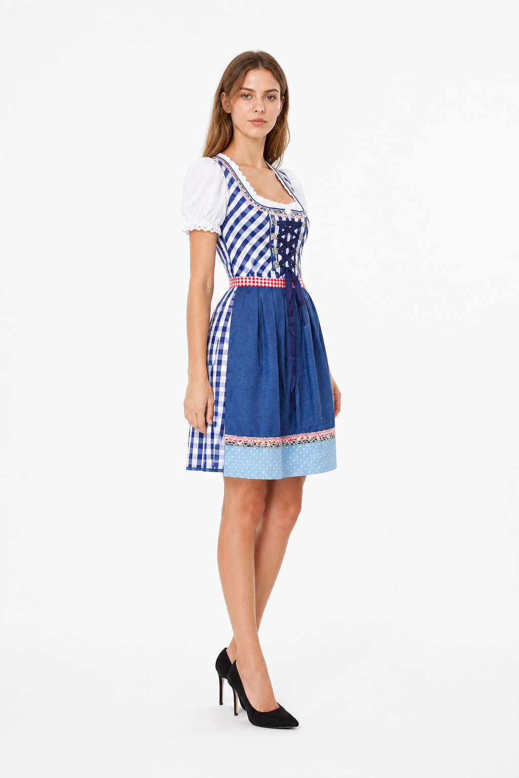 Folk-Style Plaid and Polka Dot Dress with Bow side view
