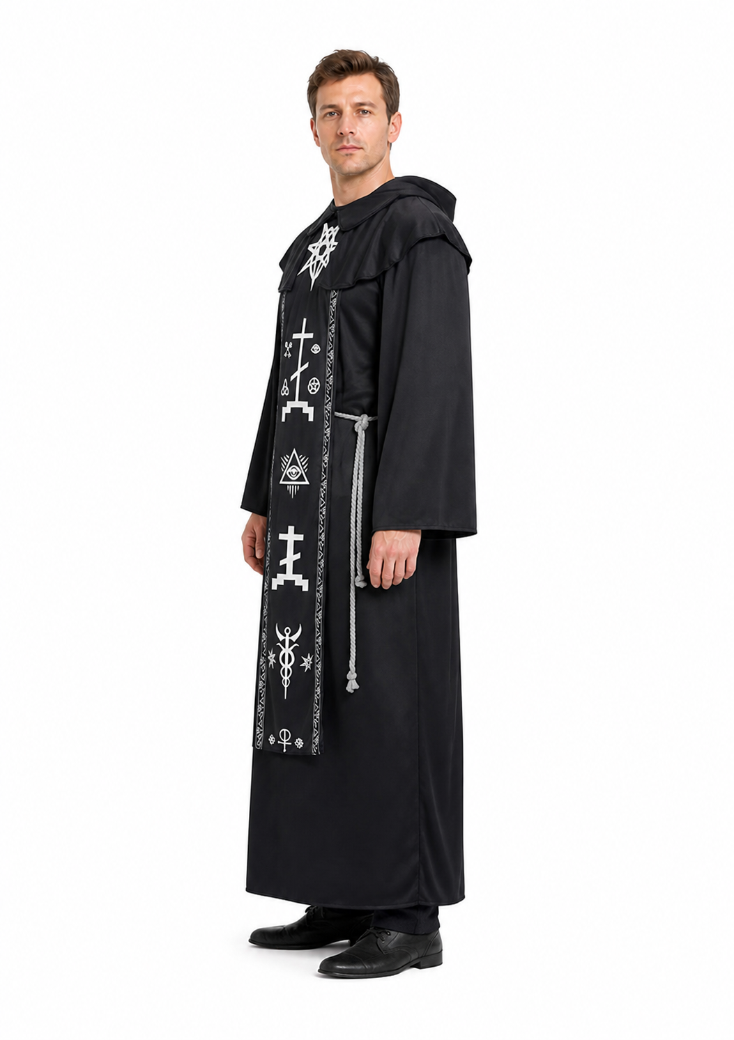 Black Hooded Robe with White Symbols for Cosplay side view
