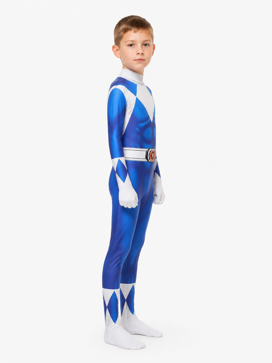 Children’s blue and white superhero costume with mask side view