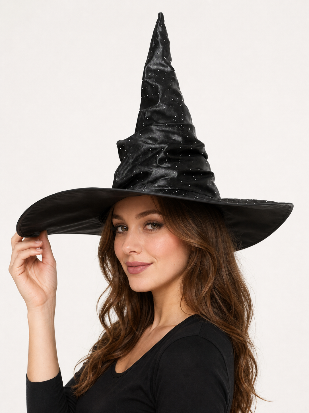 Black Halloween Witch Hat Pointed Wide Brim Ruched Crown With Silver-White Dot Embellishments Costume Accessory