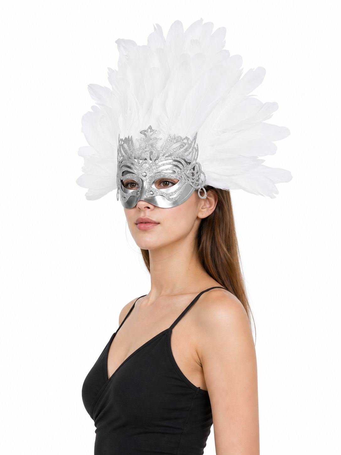 White feather silver masquerade mask product view 27