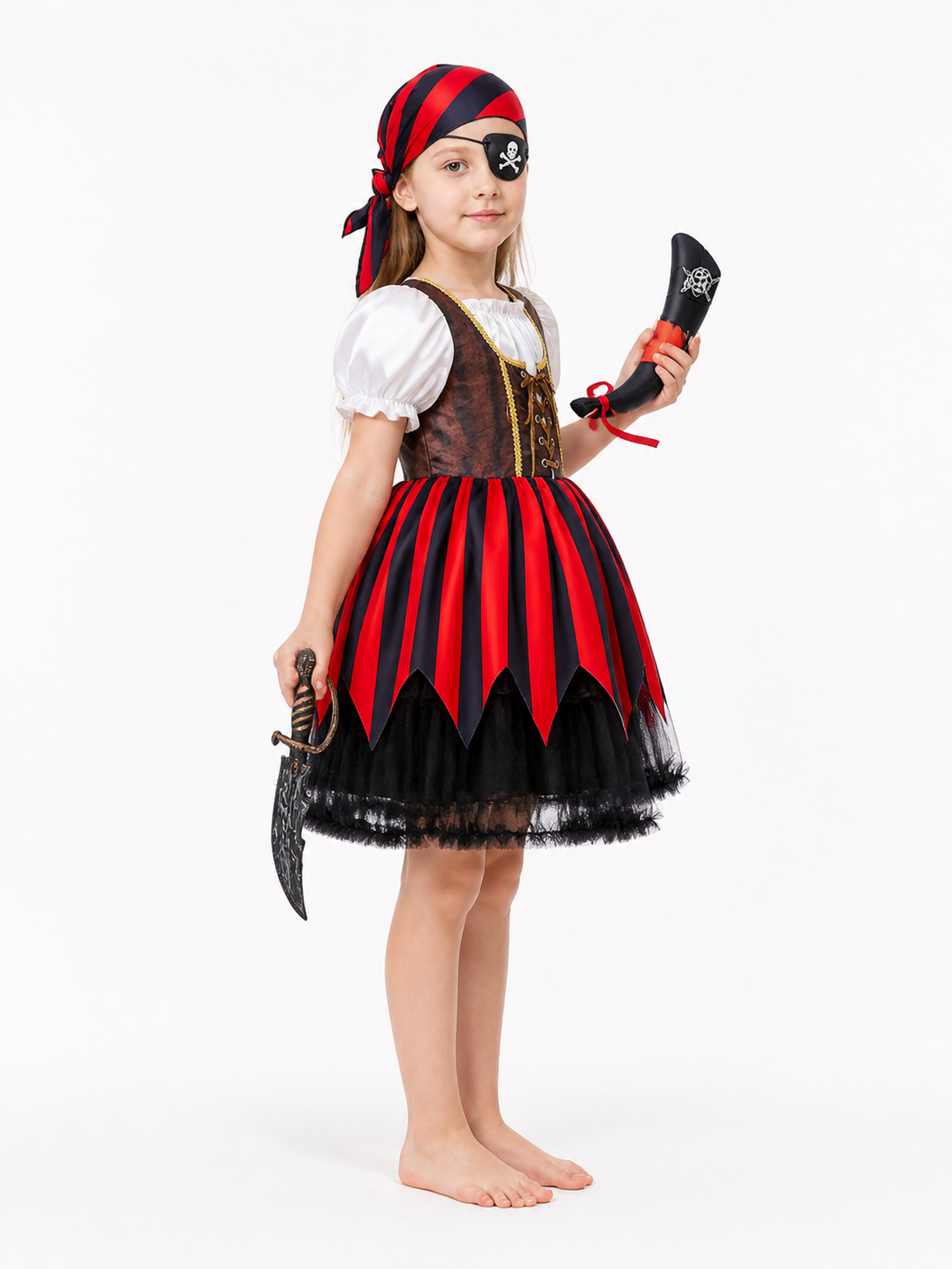 Children’s Striped Pirate Costume with Skull side view