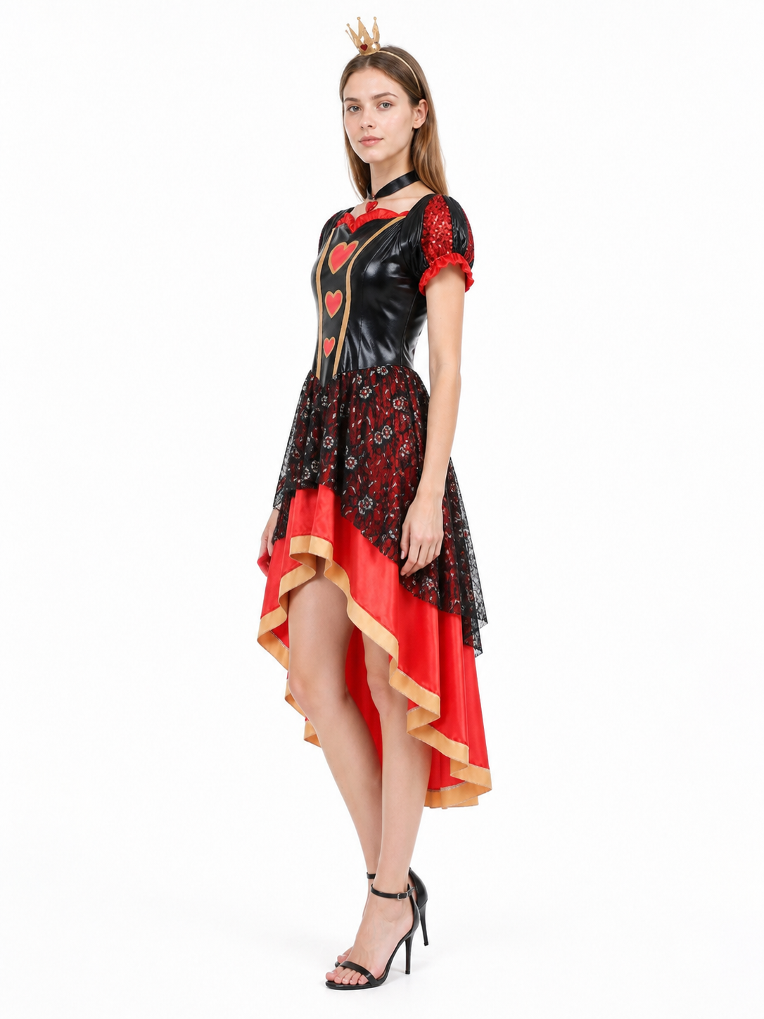 Red and Black Stage Dress with Gold Trim side view