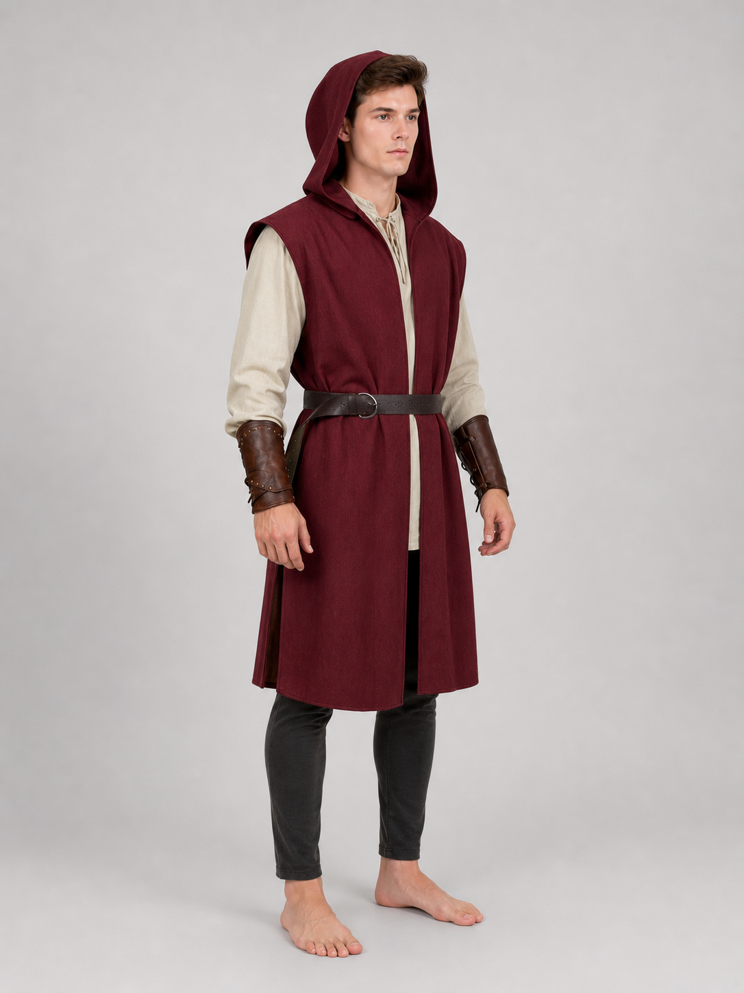 Adult Medieval Fantasy Hooded Cape, Wine Red Sleeveless Long Split-Hem Cloak