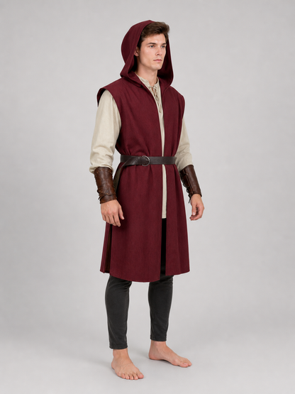 Adult Medieval Fantasy Hooded Cape, Wine Red Sleeveless Long Split-Hem Cloak
