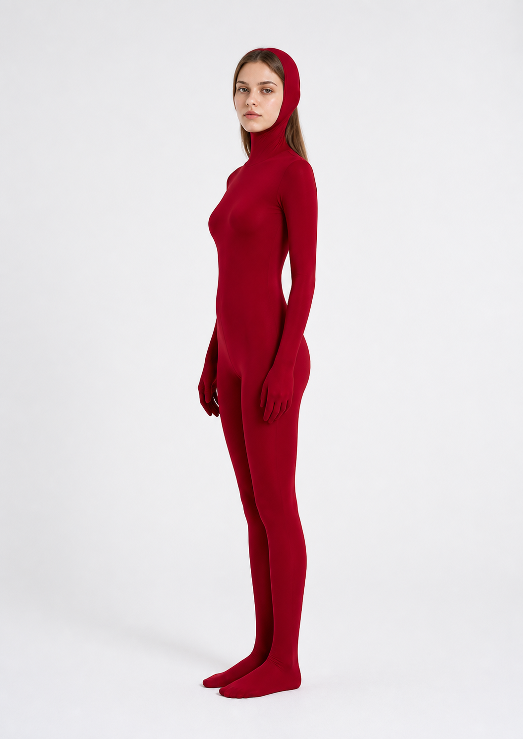 Burgundy Form-Fitting Hooded Costume Jumpsuit side view