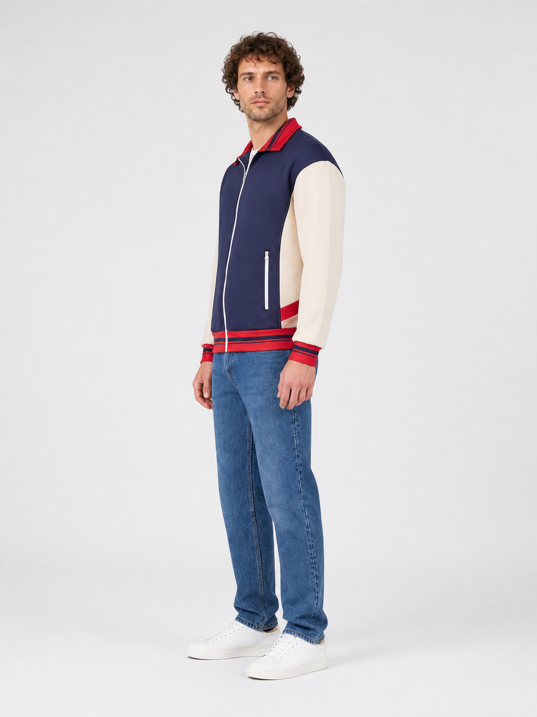 Zip-Up Bomber Jacket with Red Stripes