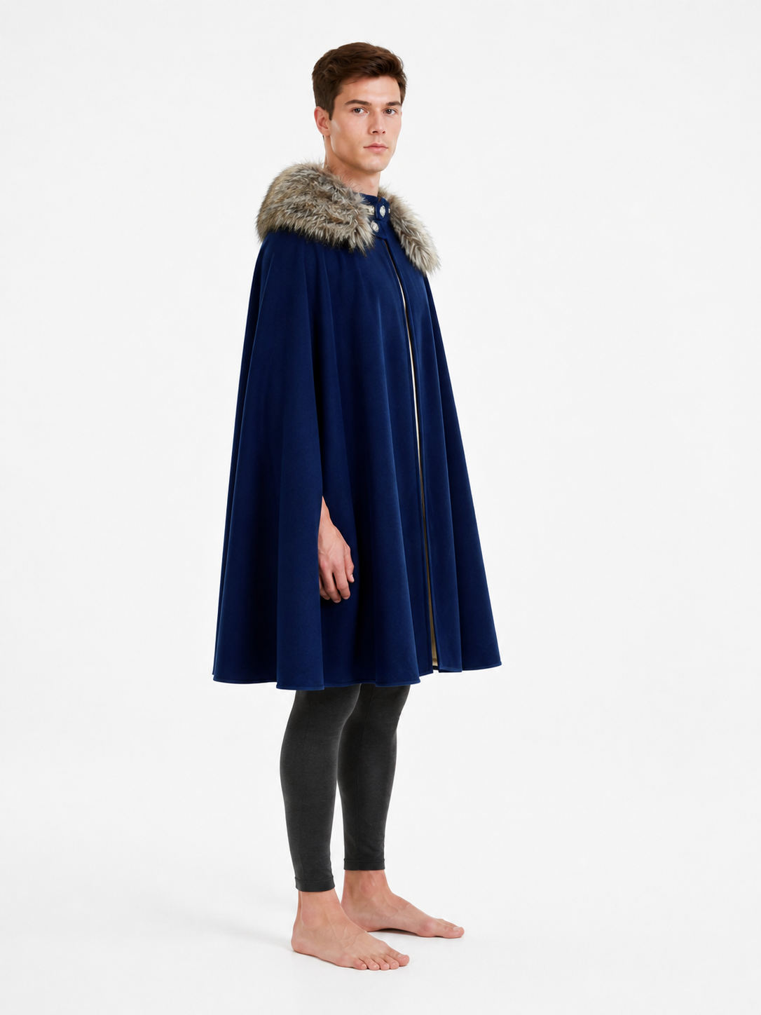 Long Blue Cape with Fur Collar side view