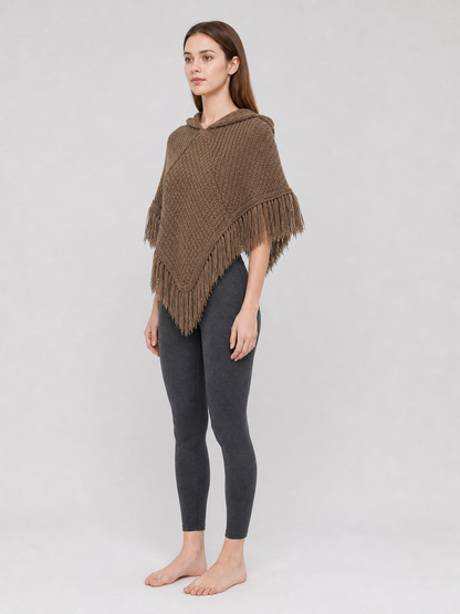 Adult Brown Hooded Triangle Cape with Long Fringe Trim, Diamond Texture, Ring Buckle Belt and Black Lining