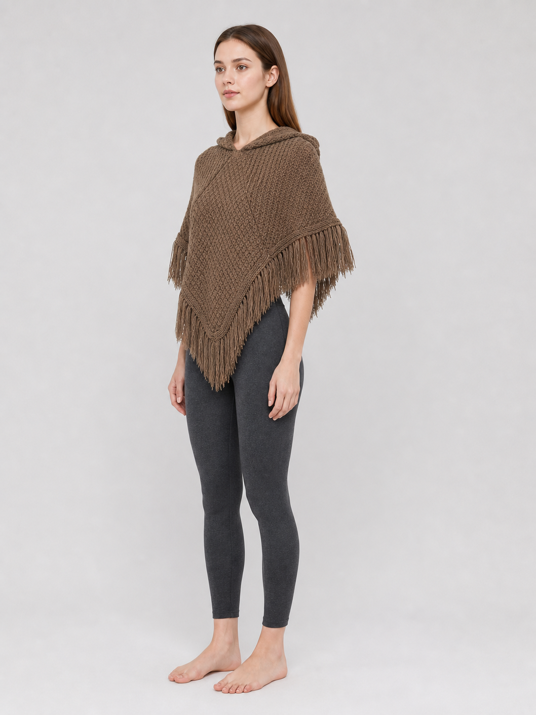 Triangle Hooded Cape with Fringe, Brown