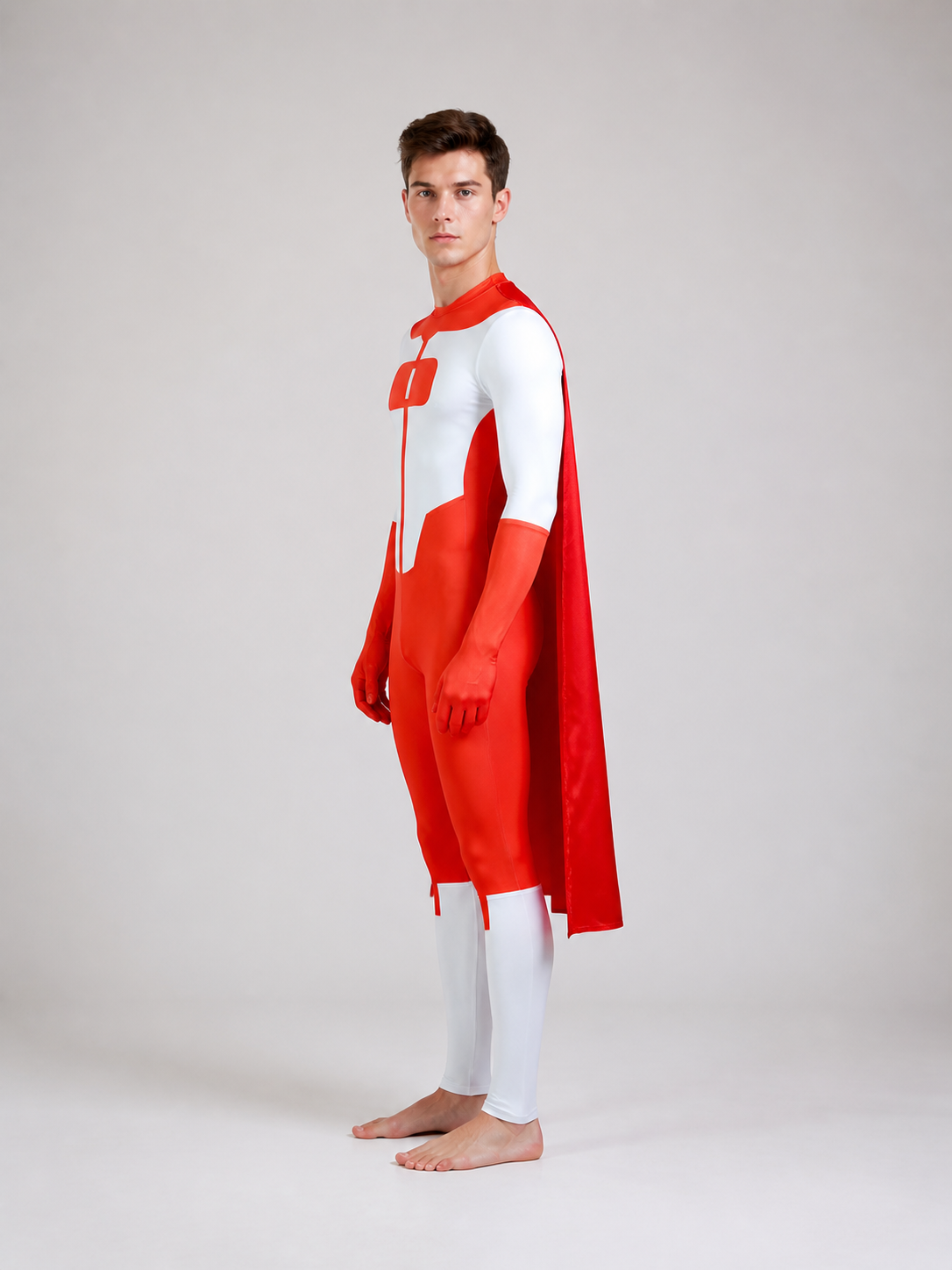 Red-and-White Jumpsuit with Cape and Long Sleeves