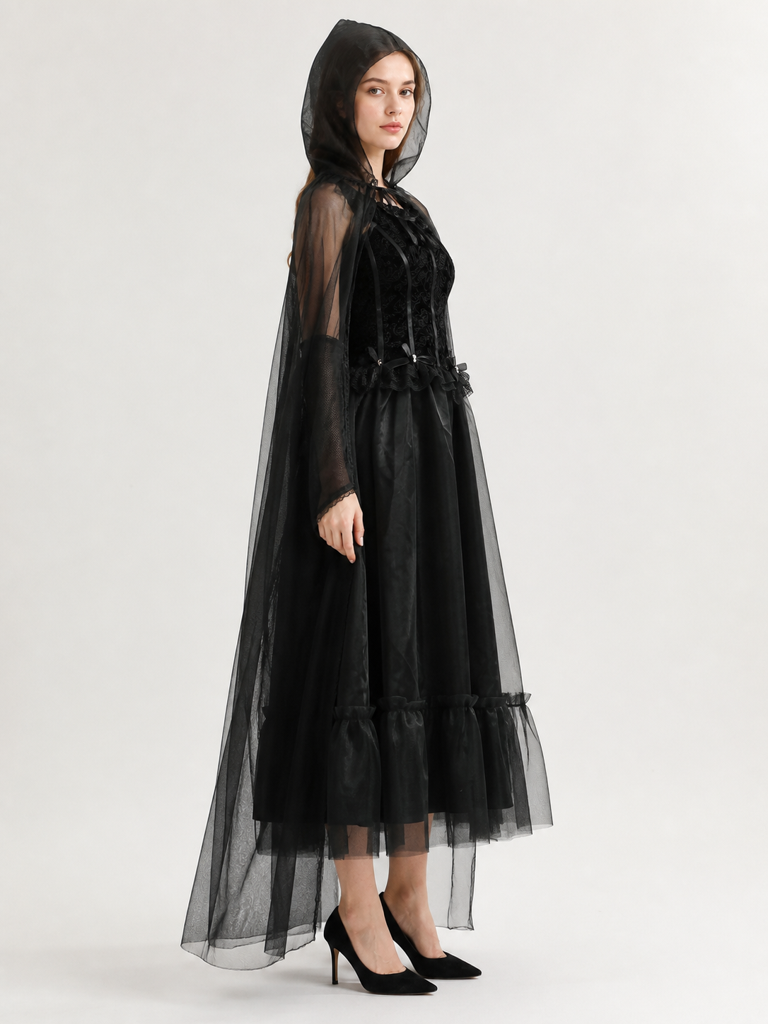 Black Gothic-Style Dress and Hooded Cape side view