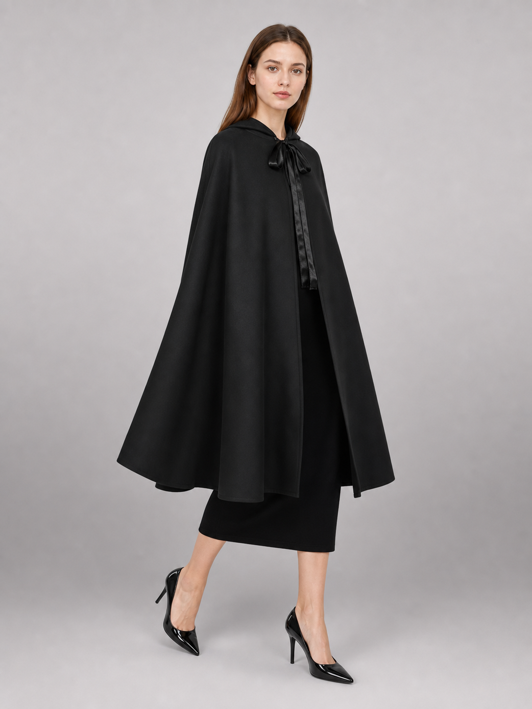 Long Black Hooded Carnival Cloak