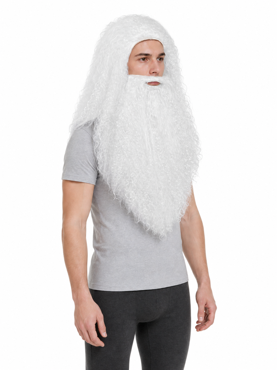 Three-quarter view of a model wearing the white curly wig and long beard with a gray T-shirt