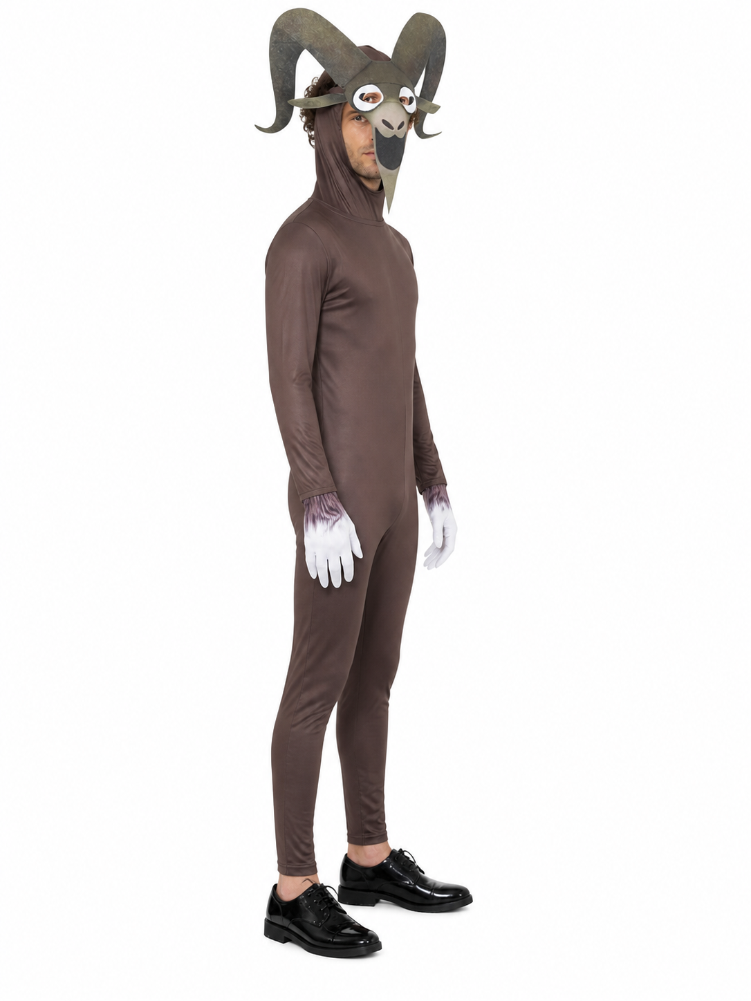 Monster Goat Costume with Horns, Brown Jumpsuit side view