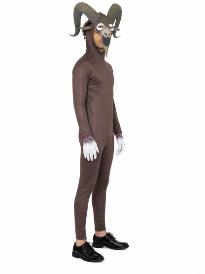 Monster Goat Costume with Horns, Brown Jumpsuit side view