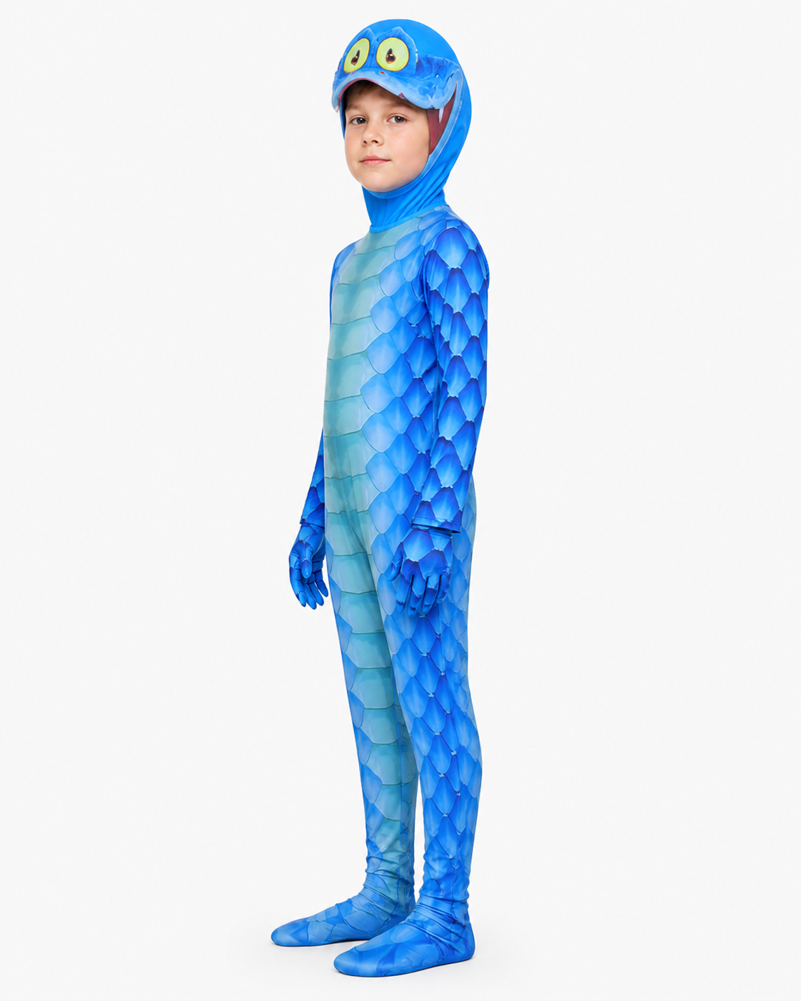Blue Monster Jumpsuit with Scales, Headpiece, and Gloves side view