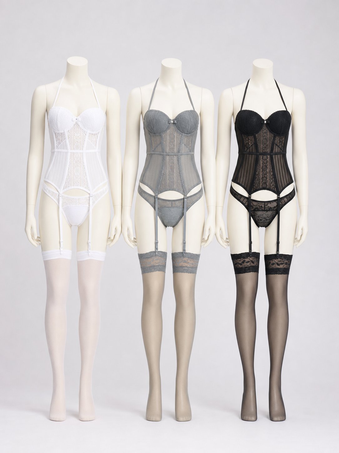 Lace bodysuit with garters, bust, and bow side view