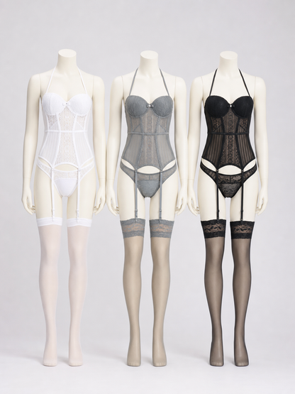 Lace bodysuit with garters, bust, and bow side view