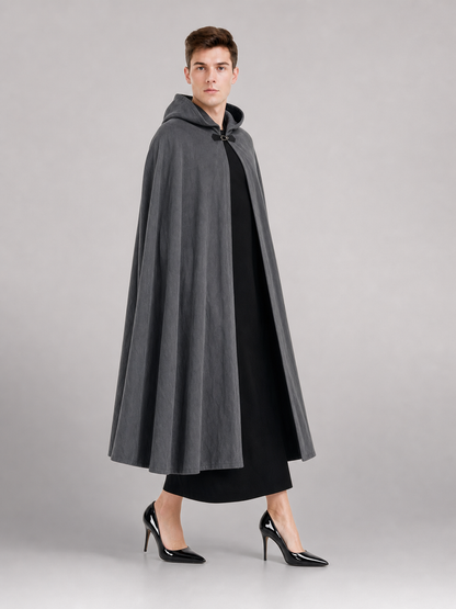 Adult Fantasy Hooded Cape, Long Dark Gray Cloak With Front Tie Closure, Wide