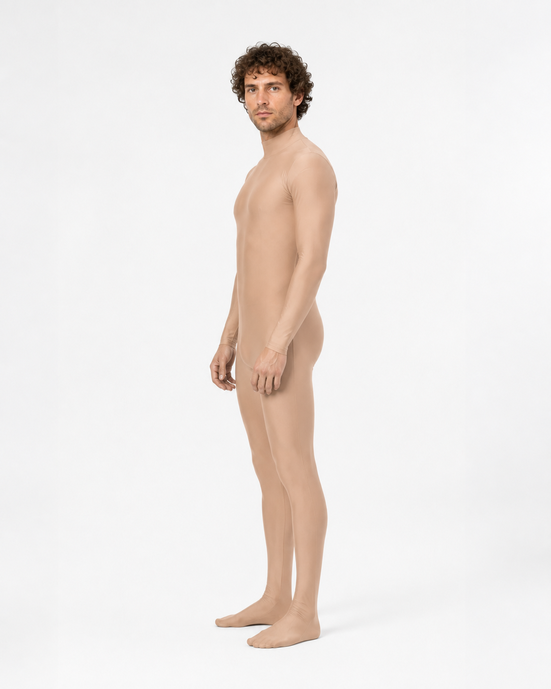 Skin-Tone Form-Fitting Jumpsuit with a High Collar side view