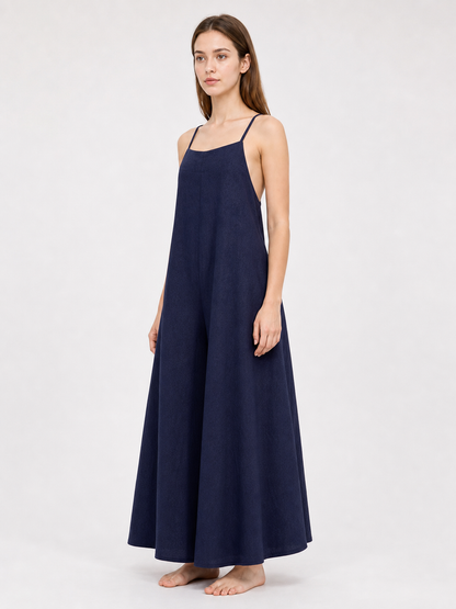 Dark Navy Wide-Leg Bib Overalls with Shoulder Straps